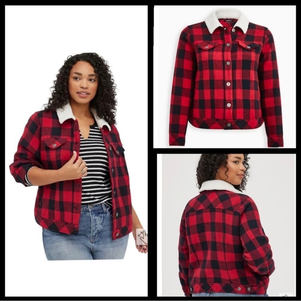Red buffalo plaid trucker jacket